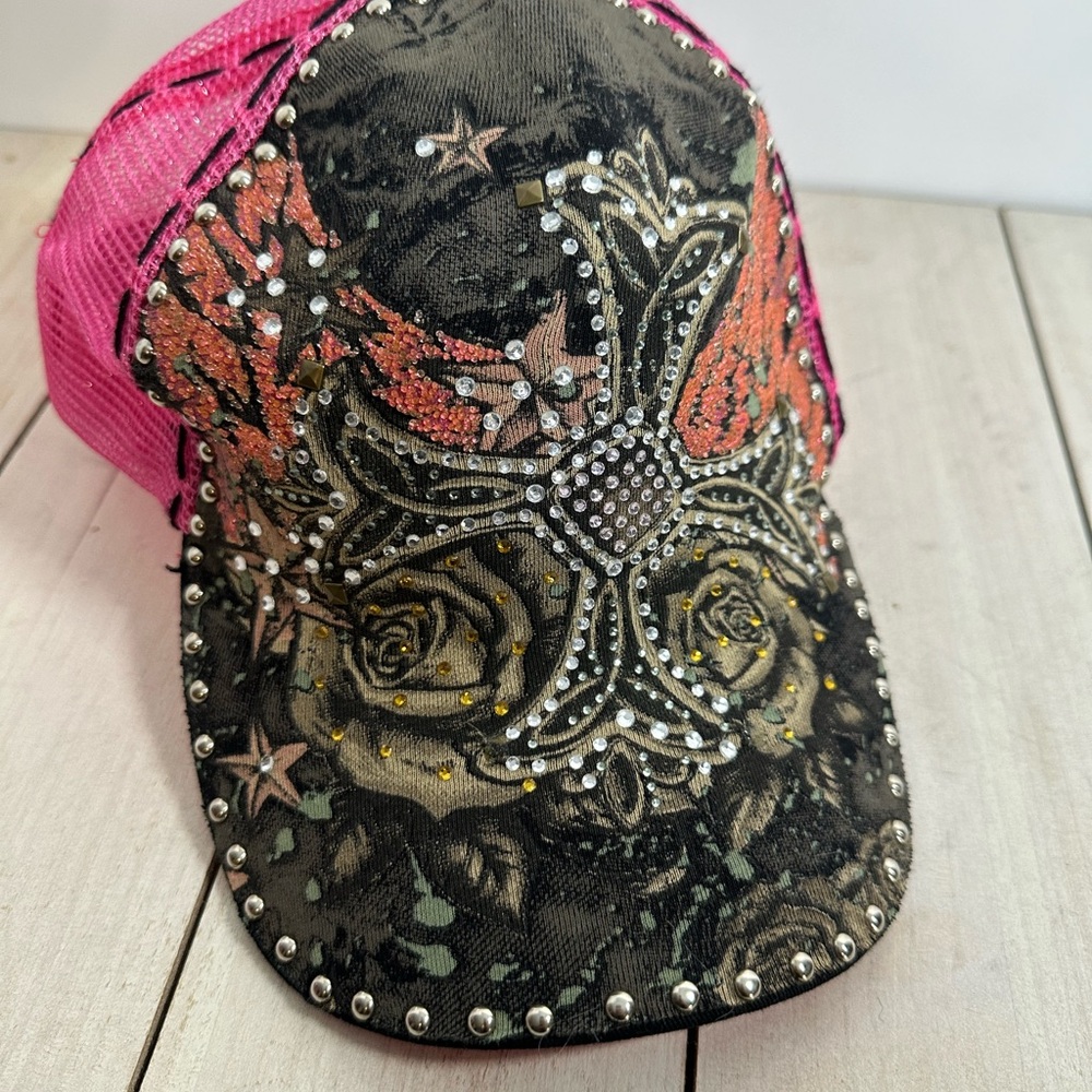 Women’s Stephanie Headwear snap back ball cap pink W/ cross & rhinestones - Picture 2 of 13